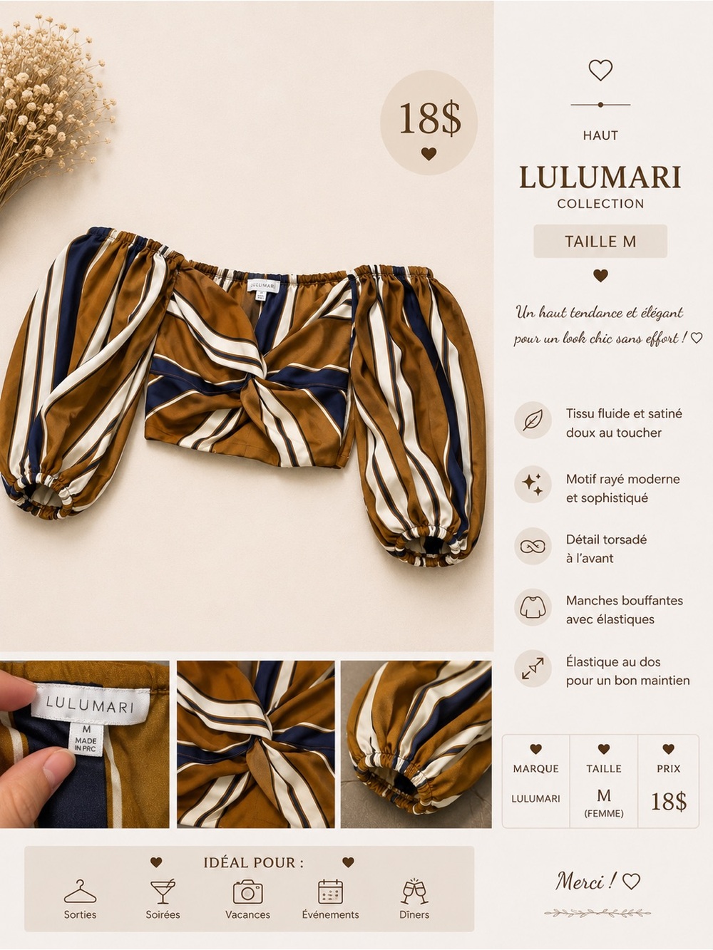 Lulumari Stripe Twist Front Off-Shoulder Top in Mustard